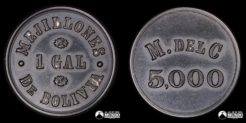 Bolivia. Ficha: 1 Galon. Mejillones de Bolivia, M. del C. 5,000. 1870. Ficha pos...