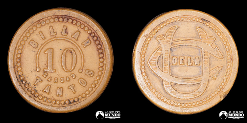 Chile. Ficha: 10 Centavos. Billar Tantos. S/F. Ebonita ocre. XF+.

Estimate: U...