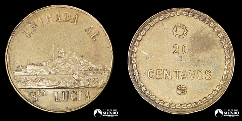 Chile. Ficha: 20 Centavos. Entrada al cerro Santa Lucia. S/F. Bronce; 6,45 g. VF...