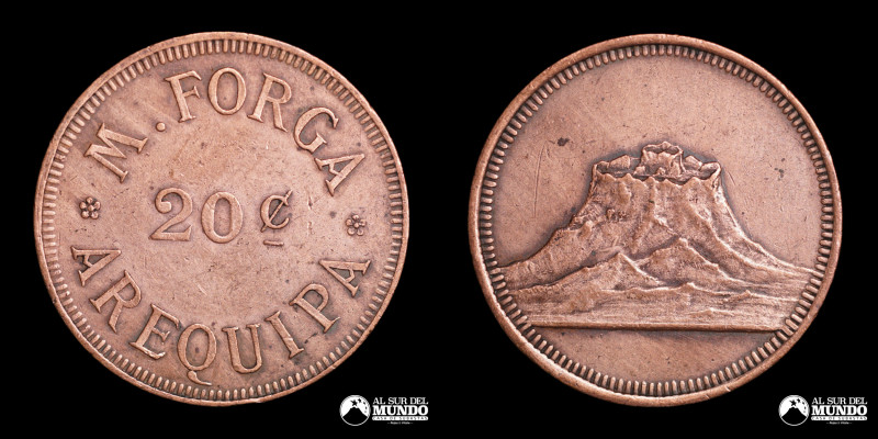 Peru, Arequipa. Ficha: 20 Centavos. Miguel Forga. S/F. Cobre.

Estimate: USD 2...