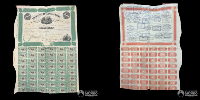 Peru. Chile. Bono de 100 Soles Construccion Aduana de Arica 1869. Pagados por Ch...