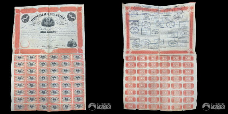 Peru. Chile. Bono de 1000 Soles Construccion Aduana de Arica 1869. Pagados por C...