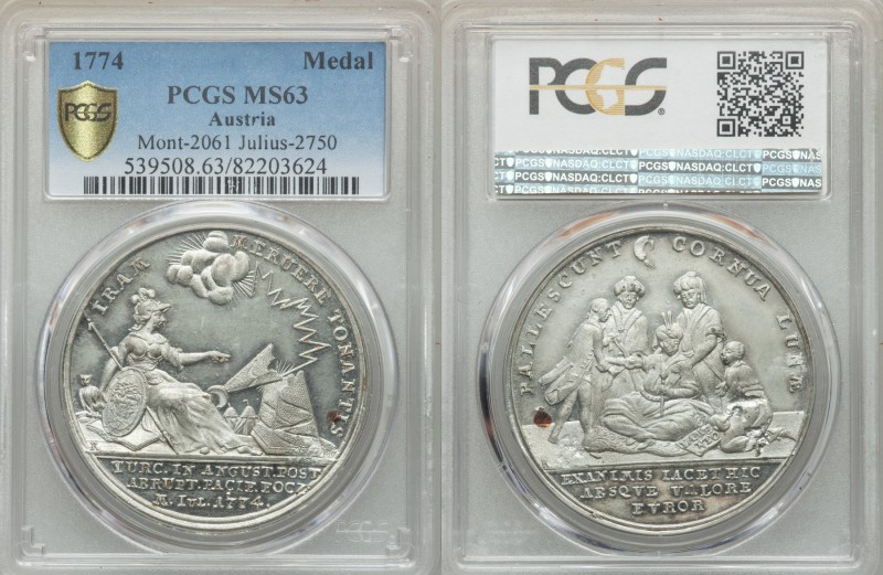 Satirical silver Medal 1774 MS63 PCGS, Mont.-2061, Julius-2750. 42mm. IRAM MERUE...