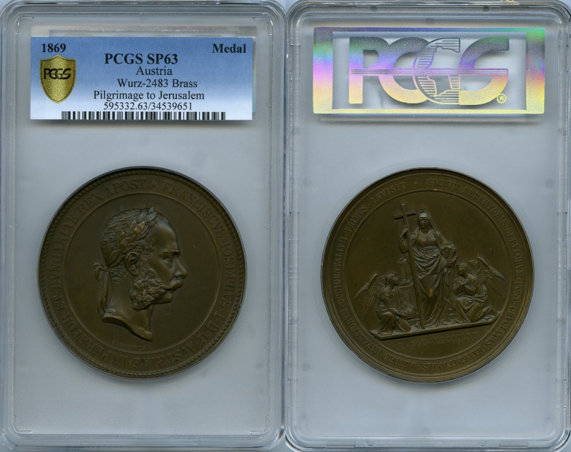 Franz Joseph I brass Specimen "Pilgrimage to Jerusalem" Medal 1869 SP63 PCGS, An...