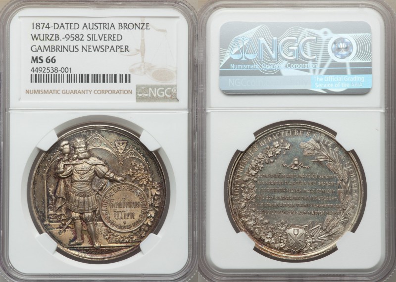 Vienna silvered bronze "Gambrinus Newspaper" Medal 1874 MS66 NGC, Wurzbach-9582....
