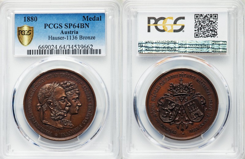 Franz Joseph I bronze Specimen Medal 1880 SP64 Brown PCGS, Hauser-1136. 41mm. 23...