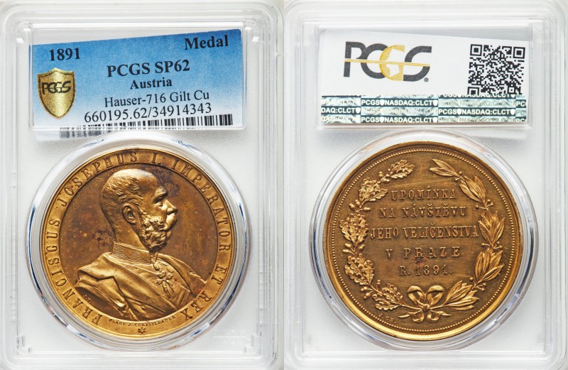 Franz Joseph I gilt copper Specimen Medal 1891 SP62 PCGS, Hauser-716. 41mm. 26.3...