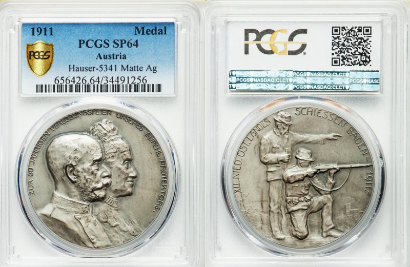 Franz Joseph I silver Matte Specimen "Shooting "Medal 1911 SP64 PCGS, Hauser-534...