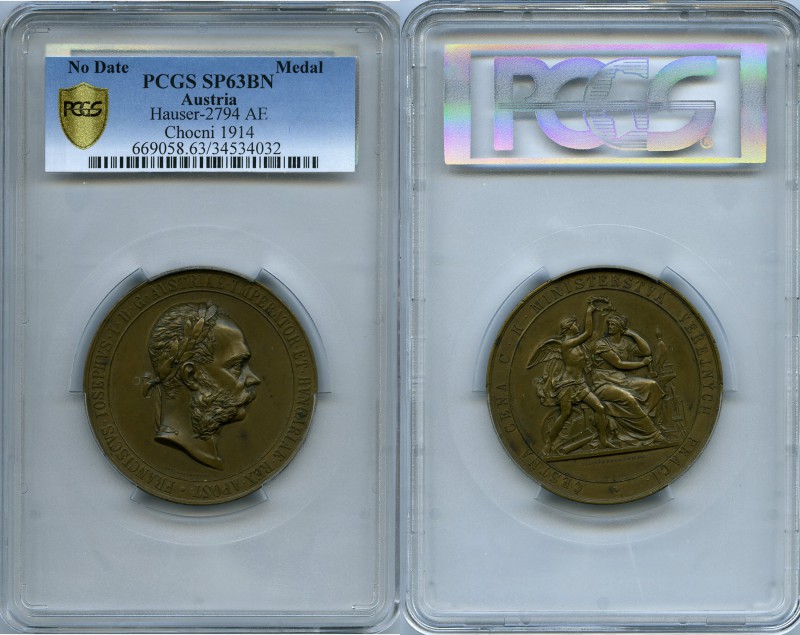 Franz Joseph I copper Specimen Medal 1914 SP63 Brown PCGS, Hauser-2794. 69.02gm....
