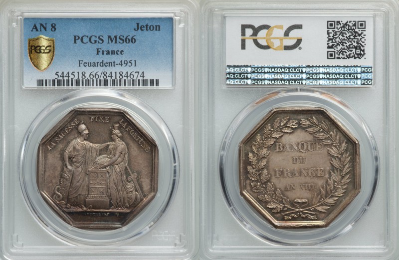 Republic silver "Bank of France" Jeton AN 8 (1799-1800) MS66 PCGS, Feuardent-495...