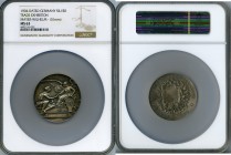 Fulda silver "Trade Exhibition" Medal 1904 MS63 NGC, 51mm. 45.78gm. By Mayer and Wilhelm. Young male with hammer shakes hand of winged female figure l...