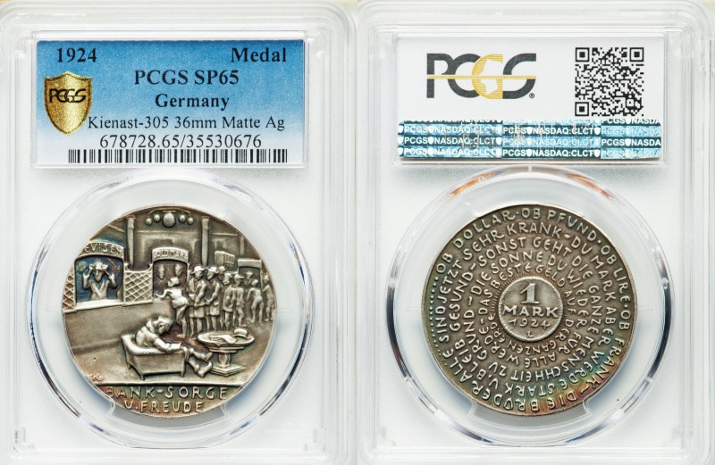 "Bank's Worry and Pleasure" silver Matte Specimen Medal 1924 SP65 PCGS, Kienast ...
