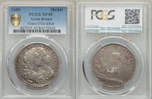 William and Mary silver "Coronation" Medal 1689 XF45 PCGS, Eimer-312a, MI-I-662/25. Conjoined draped busts of William and Mary right / Jove hurling th...