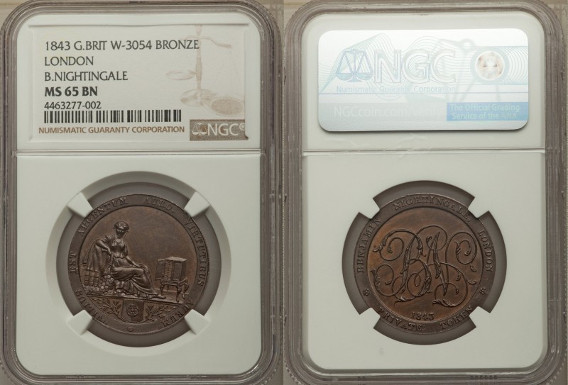 "Benjamin Nightingale" bronze Token 1843 MS65 Brown NGC, W-3054. Female seated, ...