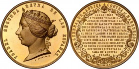 Isabel II gilt copper Specimen "Hispano-Moroccan War" Medal 1859 SP65 PCGS, Vives-416. 57mm. 99.07gm. By A. Gerbier. Edge: Plain. Bust left / Fourteen...