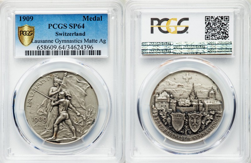 Confederation silver Matte Specimen "Lausanne - Gymnastics" Medal 1909 SP64 PCGS...