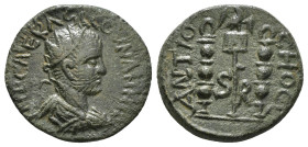 PISIDIA. Antioch. Valerian I, 253-260. Ae. Radiate, draped and cuirassed bust of Valerian I, right. Rev. ANTIOCHO CL around, SR in exergue. Vexillum s...