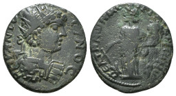 PHRYGIA. Peltae. Caracalla (198-217). Ae. T. Mar. Tat. Arionos, strategos.
Obv: AV K M A ANTΩNЄ.
Laureate, draped and cuirassed bust right.
Rev: ΠЄΛTH...