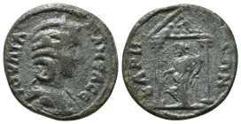 PISIDIA. Baris. Julia Mamaea (Augusta, 222-235). Ae.
Obv : IOV?IA MAM?A C?.
Draped bust right, wearing stephane.
Rev : BAPHNON.
Distyle temple, contai...