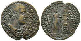 PHRYGIA. Hierapolis. Valerian I (253-260). Ae. Homonoia issue with Sardis.
Obv: ΑΥ Κ ΠΟΥ ΛΙΚ ΟΥΑΛЄΡΙΑΝΟϹ.
Radiate, draped and cuirassed bust right.
Re...