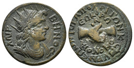 PHRYGIA. Hierapolis. Pseudo-autonomous. Time of Philip I 'the Arab' (244-249). Ae. Homonoia issue with Smyrna.
Obv: ΛΑΙΡΒΗΝΟϹ.
Radiate and draped bust...