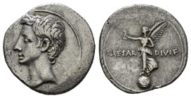 OCTAVIAN (31-30 BC). Denarius. Uncertain Italian mint, possibly Rome.
Obv: Bare head left.
Rev: CAESAR - DIVI F.
Victory standing left on globe, ho...