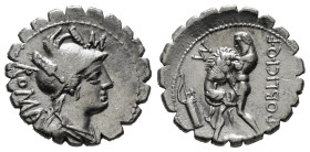 C. POBLICIUS Q.F. Serrate Denarius (80 BC). Rome.
Obv: ROMA.
Helmeted and draped bust of Roma right; F above.
Rev: C POBLICI Q F.
Hercules standing le...