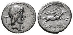 L. CALPURNIUS PISO FRUGI, 90 BC. Denarius Rome. Obv : Laureate head of Apollo to right; behind, axe; before, A. Rev. L PISO FRVGI / Q Horseman gallopi...