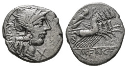 M. FANNIUS C.F. Denarius (123 BC). Rome.
Obv: ROMA.
Helmeted head of Roma right; X (mark of value) to lower right.
Rev: M FAN C F.
Victory, holding wr...