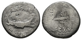MARK ANTONY. Denarius (32-31 BC). Patrae(?). Legionary issue.
Obv: ANT AVG / III VIR R P C.
Galley right.
Rev: LEG - XV.
Aquila right between two sign...