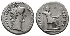 TIBERIUS (14-37). Denarius. "Tribute Penny" type. Lugdunum.
Obv: TI CAESAR DIVI AVG F AVGVSTVS.
Laureate head right.
Rev: PONTIF MAXIM.
Livia (as Pax)...