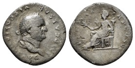 VESPASIAN (69-79). Denarius. Rome.
Obv: IMP CAESAR VESPASIANVS AVG.
Laureate head right.
Rev: PON MAX TR P COS VI.
Pax seated left on throne, hold...