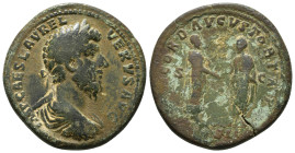 LUCIUS VERUS (161-169). Sestertius. Rome.
Obv: IMP CAES L AVREL VERVS AVG.
Laureate bust right, with slight drapery.
Rev: CONCORD AVGVSTOR TR P / COS ...