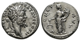 SEPTIMIUS SEVERUS (193-211). Denarius. Emesa.
Obv: IMP CAE L SEP SEV PERT AVG COS II.
Laureate head right.
Rev: MONET AVG.
Moneta standing left, holdi...