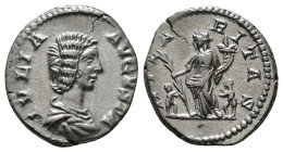 JULIA DOMNA (Augusta, 193-211). Denarius. Rome.
Obv: IVLIA AVGVSTA.
Draped bust right.
Rev: HILARITAS.
Hilaritas standing left, holding palm frond and...