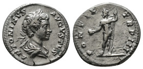 CARACALLA (198-217). Denarius. Rome.
Obv: IMP CAES M AVR ANTON AVG.
Laureate and draped bust right.
Rev: PONTIFEX TR P II.
Emperor standing left, hold...