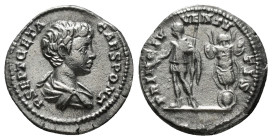 GETA (Caesar, 198-209). Denarius. Rome.
Obv: P SEPT GETA CAES PONT.
Bareheaded and draped bust right.
Rev: PRINC IVVENTVTIS.
Geta standing left, holdi...