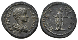 GETA (Caesar, 198-209). Denarius. Rome.
Obv: P SEPT GETA CAES PONT.
Bareheaded and draped bust right.
Rev: NOBILITAS.
Nobilitas standing right, holdin...