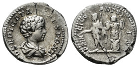 GETA (Caesar, 198-209). Denarius. Rome.
Obv: P SEPT GETA CAES PONT.
Bareheaded and draped bust right.
Rev: PRINC IVVENTVTIS.
Geta standing left, holdi...