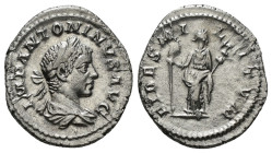 ELAGABALUS (218-222). Denarius. Rome.
Obv: IMP ANTONINVS AVG.
Laureate, draped and cuirassed bust right.
Rev: FIDES MILITVM.
Fides standing left, head...