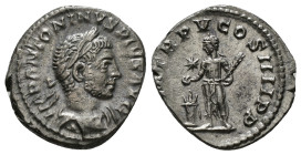 ELAGABALUS (218-222). Denarius. Rome.
Obv: IMP ANTONINVS PIVS AVG.
Laureate and draped bust right, wearing horn.
Rev: SVMMVS SACERDOS AVG.
Elagabalus ...