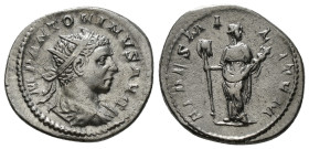 ELAGABALUS (218-222). Antoninianus. Rome.
Obv: IMP ANTONINVS AVG.
Radiate and draped bust right.
Rev: FIDES MILITVM.
Fides standing facing, head right...