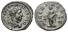 ELAGABALUS (218-222). Denarius. Rome.
Obv: IMP ANTONINVS PIVS AVG.
Laureate and draped bust right.
Rev: LIBERTAS AVG.
Libertas standing left, holding ...