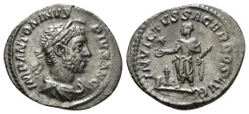 ELAGABALUS (218-222). Denarius. Rome.
Obv: IMP ANTONINVS PIVS AVG.
Laureate and draped bust right, wearing horn.
Rev: SVMMVS SACERDOS AVG.
Elagabalus ...