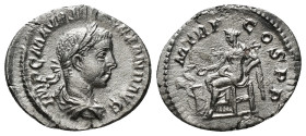 CARACALLA (197-217). Denarius. Rome.
Obv: Laureate head right.
Rev: PM TR P COS PP.
Salus seated left, feeding from patera serpent arising from altar,...