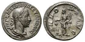 SEVERUS ALEXANDER (222-235). Denarius. Rome.
Obv: IMP C M AVR SEV ALEXAND AVG.
Laureate and draped bust right.
Rev: ANNONA AVG.
Annona standing left w...