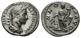 SEVERUS ALEXANDER (222-235). Denarius. Rome.
Obv: IMP C M AVR SEV ALEXAND AVG.
Laureate and draped bust right.
Rev: ANNONA AVG.
Annona standing left w...