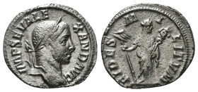 SEVERUS ALEXANDER (222-235). Denarius. Rome.
Obv: IMP ALEXANDER PIVS AVG.
Laureate bust right, with slight drapery on far shoulder.
Rev: FIDES MILITVM...