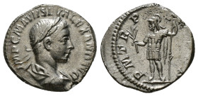 Severus Alexander, AD 222-235. AR Denarius. AD 223, Rome. IMP C M AVR SEV ALEXAND AVG, laureate, draped bust right. Rev. PM TR P II COS PP, Mars, helm...