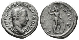 SEVERUS ALEXANDER (222-235). Denarius. Rome.
Obv: IMP C M AVR SEV ALEXAND AVG.
Laureate and draped bust right.
Rev: VIRTVS AVG.
Virtus standing right,...